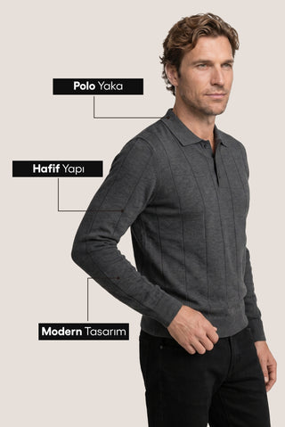  Orta Füme Melanj Polo Yaka Düğmeli Regular Fit Çizgili Triko Kazak