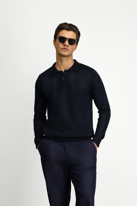 Dark Navy Polo Collar Button-Down Regular Fit Striped Knit Sweater