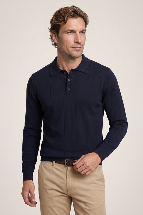 Koyu Lacivert Polo Yaka Düğmeli Regular Fit Çizgili Triko Kazak