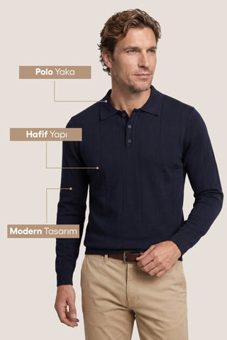  Koyu Lacivert Polo Yaka Düğmeli Regular Fit Çizgili Triko Kazak