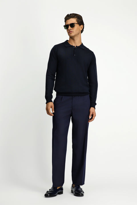 Dark Navy Polo Collar Button-Down Regular Fit Striped Knit Sweater