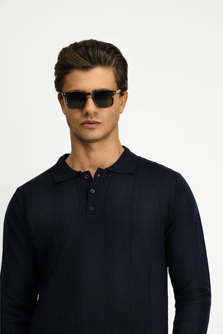  Koyu Lacivert Polo Yaka Düğmeli Regular Fit Çizgili Triko Kazak