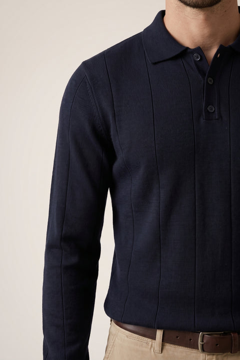 Koyu Lacivert Polo Yaka Düğmeli Regular Fit Çizgili Triko Kazak