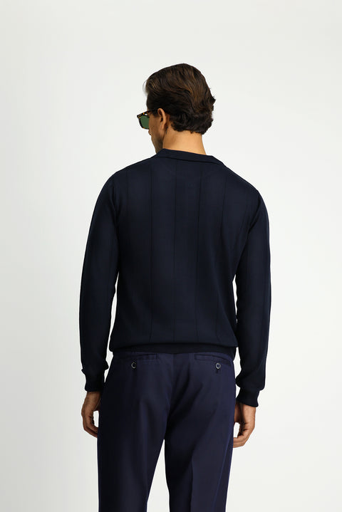 Dark Navy Polo Collar Button-Down Regular Fit Striped Knit Sweater
