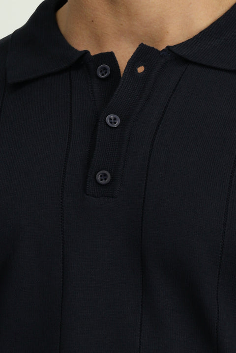Dark Navy Polo Collar Button-Down Regular Fit Striped Knit Sweater