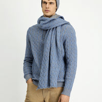 Light Blue Melange Half Turtleneck Regular Fit Zip-Up Patterned Knitted Wool Sweater