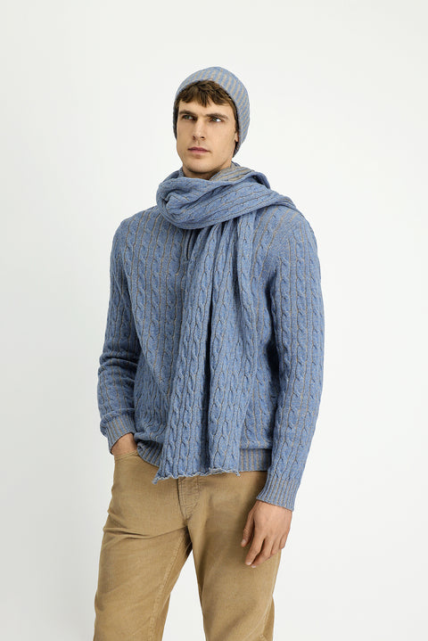 Light Blue Melange Half Turtleneck Regular Fit Zip-Up Patterned Knitted Wool Sweater