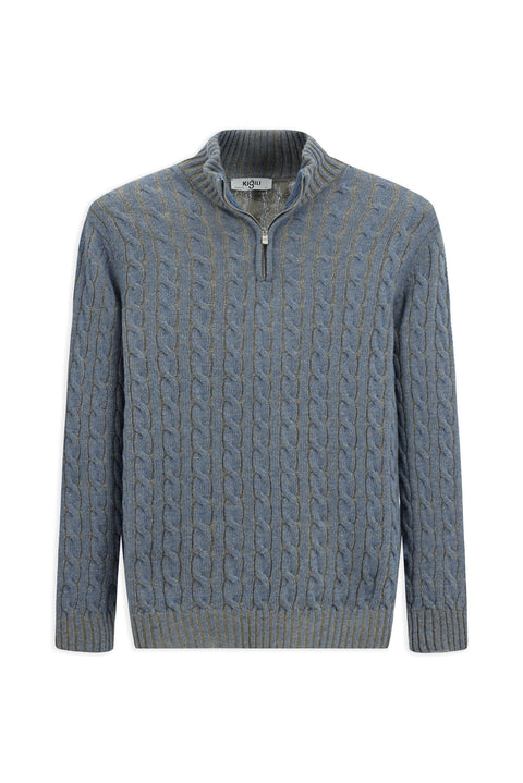 Light Blue Melange Half Turtleneck Regular Fit Zip-Up Patterned Knitted Wool Sweater