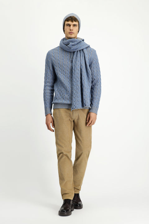 Light Blue Melange Half Turtleneck Regular Fit Zip-Up Patterned Knitted Wool Sweater