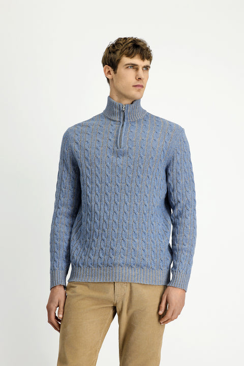 Light Blue Melange Half Turtleneck Regular Fit Zip-Up Patterned Knitted Wool Sweater