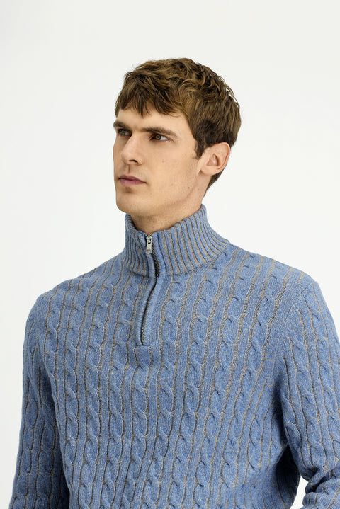 Light Blue Melange Half Turtleneck Regular Fit Zip-Up Patterned Knitted Wool Sweater