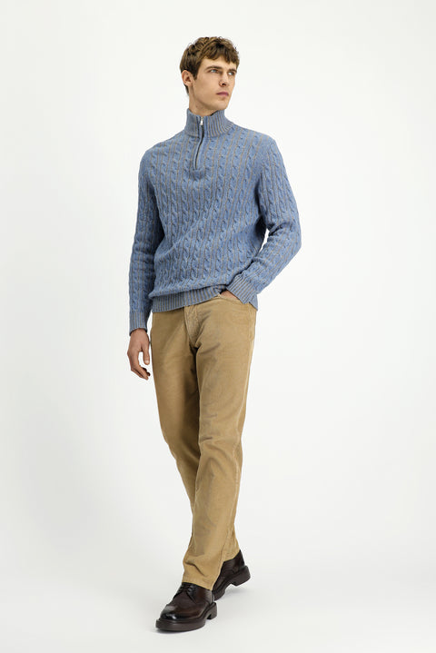 Light Blue Melange Half Turtleneck Regular Fit Zip-Up Patterned Knitted Wool Sweater