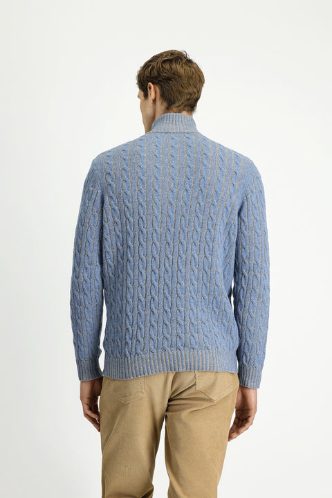 Light Blue Melange Half Turtleneck Regular Fit Zip-Up Patterned Knitted Wool Sweater