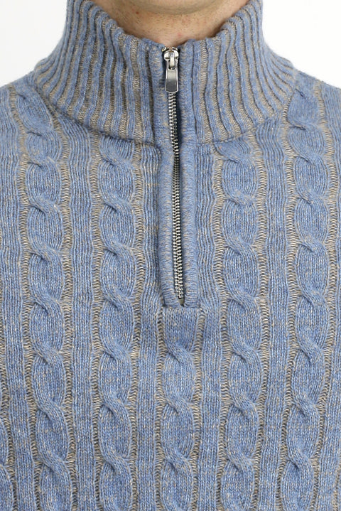 Light Blue Melange Half Turtleneck Regular Fit Zip-Up Patterned Knitted Wool Sweater