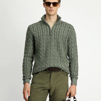 Moss Green Half Turtleneck Regular Fit Zip-Up Patterned Knitted Wool Sweater