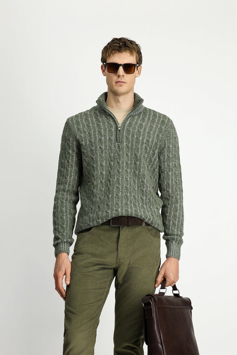 Moss Green Half Turtleneck Regular Fit Zip-Up Patterned Knitted Wool Sweater