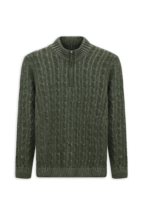 Moss Green Half Turtleneck Regular Fit Zip-Up Patterned Knitted Wool Sweater