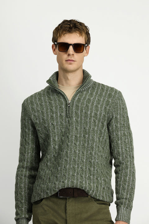 Moss Green Half Turtleneck Regular Fit Zip-Up Patterned Knitted Wool Sweater
