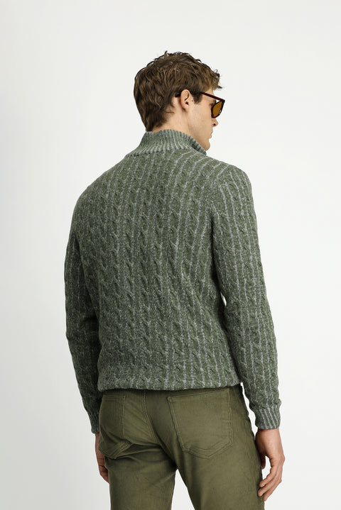 Moss Green Half Turtleneck Regular Fit Zip-Up Patterned Knitted Wool Sweater