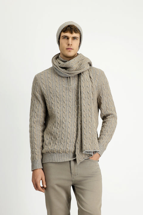Medium Mink Half Turtleneck Regular Fit Zip-Up Patterned Knitted Wool Sweater