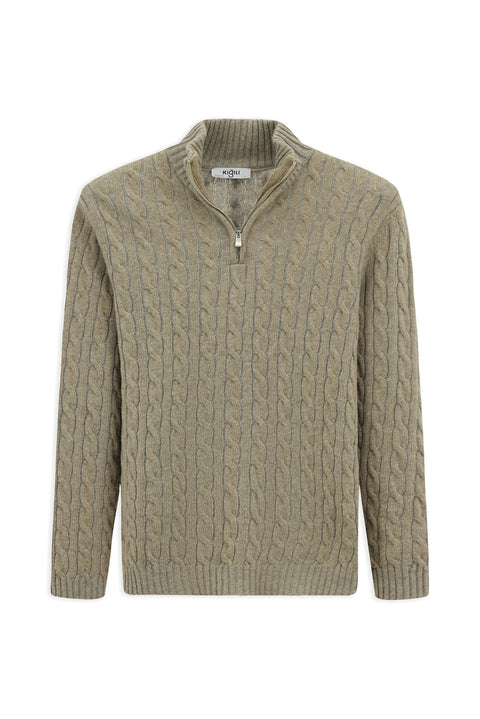 Medium Mink Half Turtleneck Regular Fit Zip-Up Patterned Knitted Wool Sweater