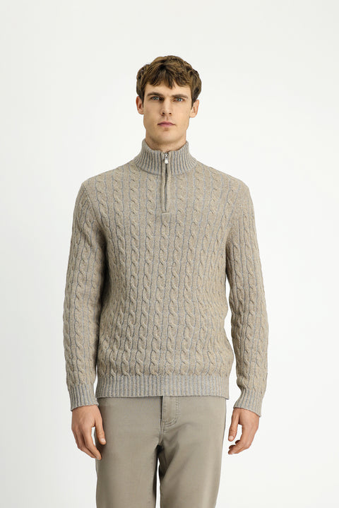 Medium Mink Half Turtleneck Regular Fit Zip-Up Patterned Knitted Wool Sweater