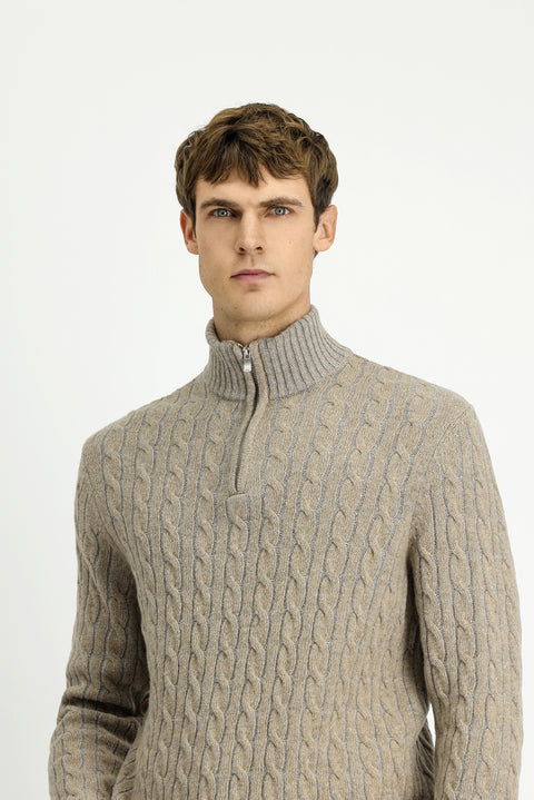 Medium Mink Half Turtleneck Regular Fit Zip-Up Patterned Knitted Wool Sweater
