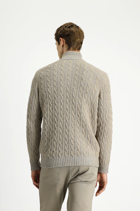 Medium Mink Half Turtleneck Regular Fit Zip-Up Patterned Knitted Wool Sweater