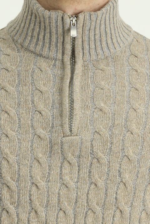 Medium Mink Half Turtleneck Regular Fit Zip-Up Patterned Knitted Wool Sweater