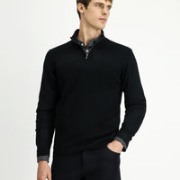 Black Half Turtleneck Regular Fit Patterned Zip-Up Wool Knit Sweater