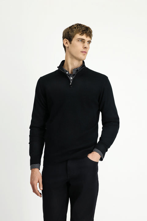 Black Half Turtleneck Regular Fit Patterned Zip-Up Wool Knit Sweater