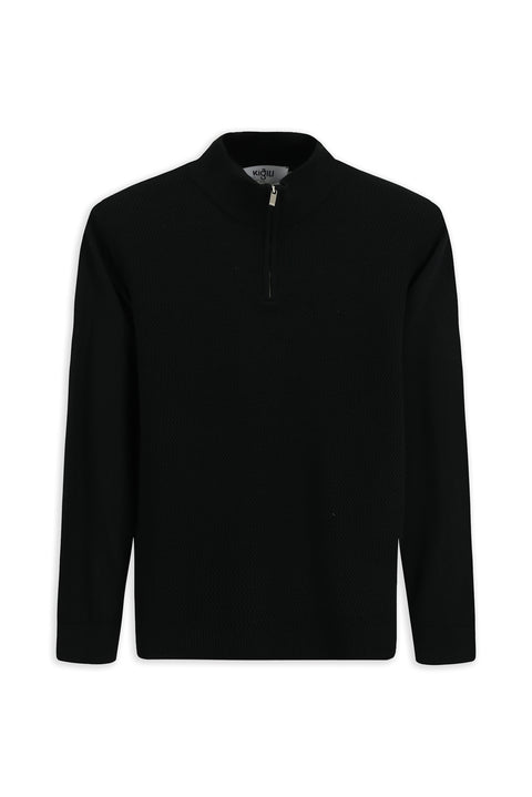 Black Half Turtleneck Regular Fit Patterned Zip-Up Wool Knit Sweater