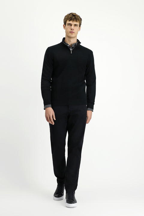 Black Half Turtleneck Regular Fit Patterned Zip-Up Wool Knit Sweater