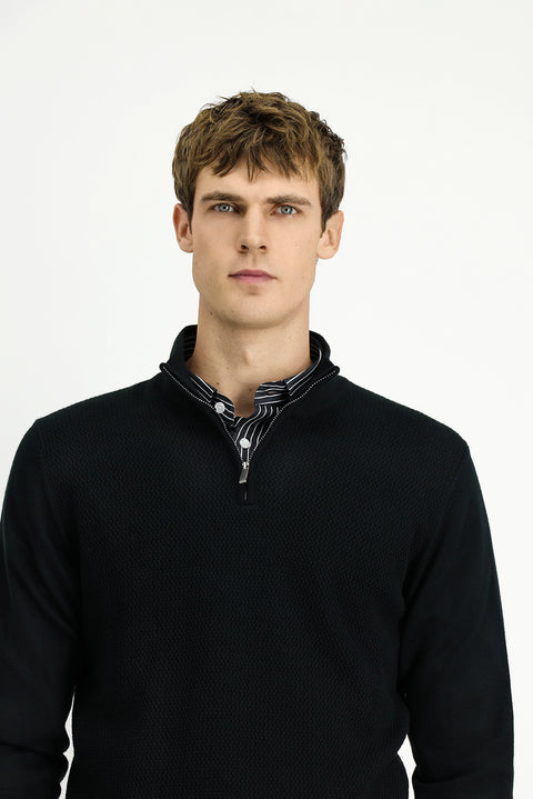 Black Half Turtleneck Regular Fit Patterned Zip-Up Wool Knit Sweater