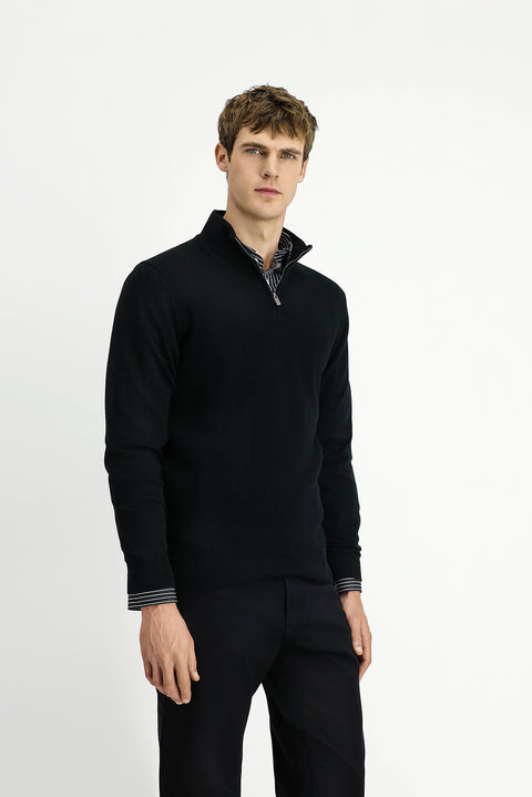 Black Half Turtleneck Regular Fit Patterned Zip-Up Wool Knit Sweater
