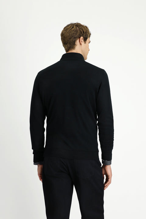 Black Half Turtleneck Regular Fit Patterned Zip-Up Wool Knit Sweater