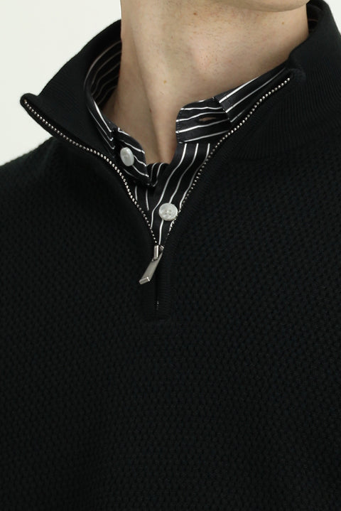 Black Half Turtleneck Regular Fit Patterned Zip-Up Wool Knit Sweater