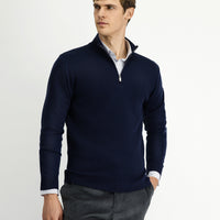 Dark Navy Semi-Turtleneck Regular Fit Patterned Zip-Up Wool Knit Sweater