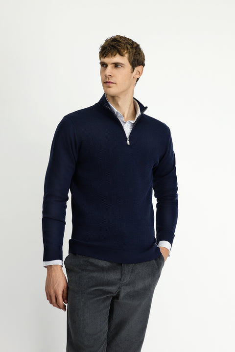 Dark Navy Semi-Turtleneck Regular Fit Patterned Zip-Up Wool Knit Sweater