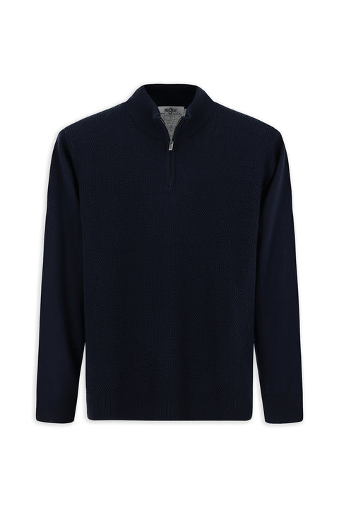 Dark Navy Semi-Turtleneck Regular Fit Patterned Zip-Up Wool Knit Sweater