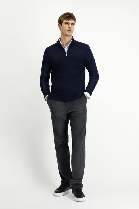 Dark Navy Semi-Turtleneck Regular Fit Patterned Zip-Up Wool Knit Sweater