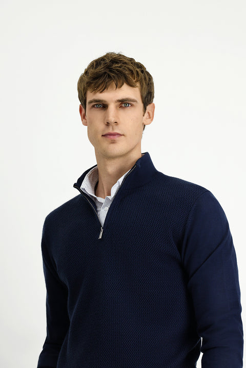 Dark Navy Semi-Turtleneck Regular Fit Patterned Zip-Up Wool Knit Sweater