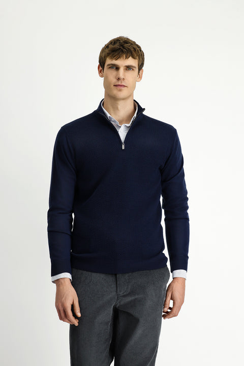Dark Navy Semi-Turtleneck Regular Fit Patterned Zip-Up Wool Knit Sweater