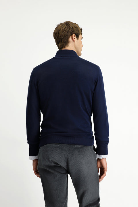 Dark Navy Semi-Turtleneck Regular Fit Patterned Zip-Up Wool Knit Sweater