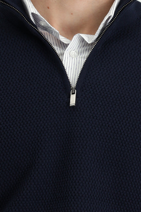 Dark Navy Semi-Turtleneck Regular Fit Patterned Zip-Up Wool Knit Sweater