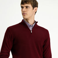 Dark Burgundy Half Turtleneck Regular Fit Patterned Zip-Up Wool Knit Sweater