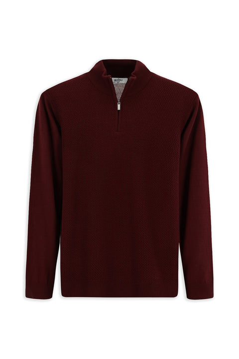 Dark Burgundy Half Turtleneck Regular Fit Patterned Zip-Up Wool Knit Sweater
