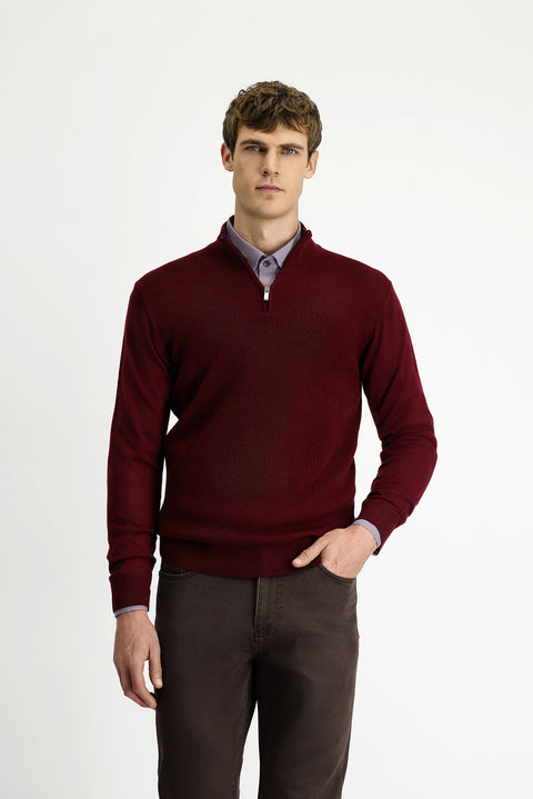 Dark Burgundy Half Turtleneck Regular Fit Patterned Zip-Up Wool Knit Sweater