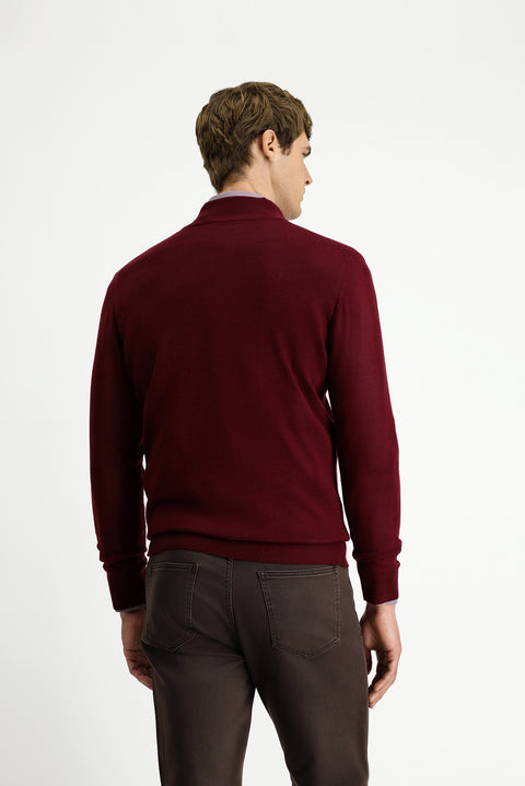 Dark Burgundy Half Turtleneck Regular Fit Patterned Zip-Up Wool Knit Sweater