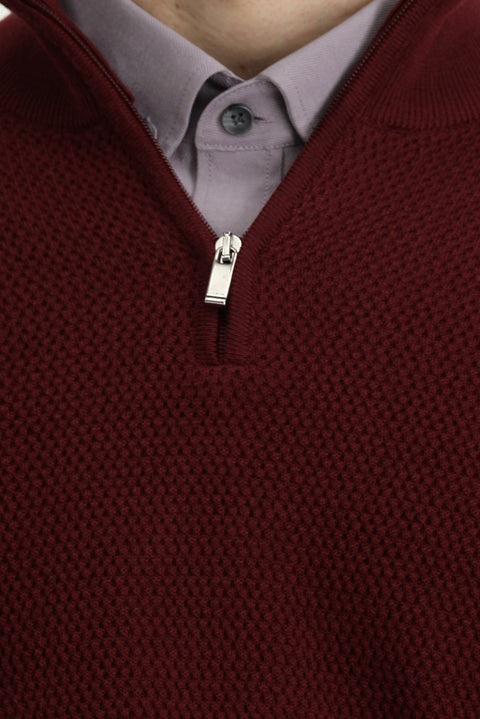 Dark Burgundy Half Turtleneck Regular Fit Patterned Zip-Up Wool Knit Sweater